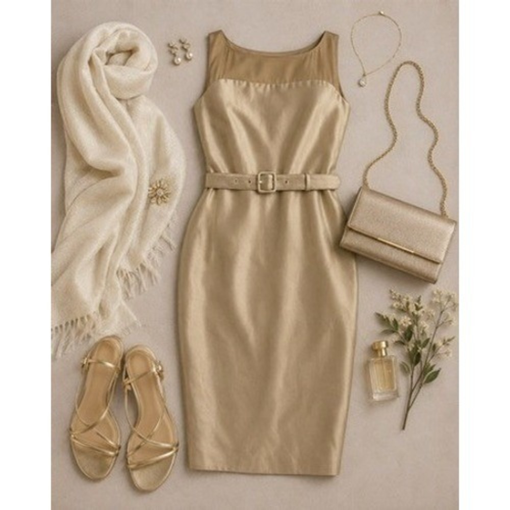 LK Bennett London Gold Silk Blend Belted Sheath Designer Dress Size US 6